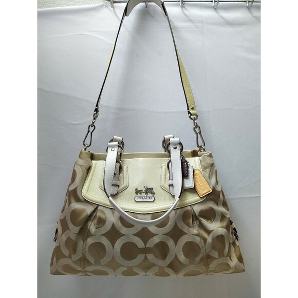 Coach Madison Beige Canvas Light Yellow Leather Trim Tote Shoulder Bag - Picture 7 of 13